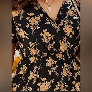 SHEIN black and yellow floral print dress features a V-neckline, a button-front